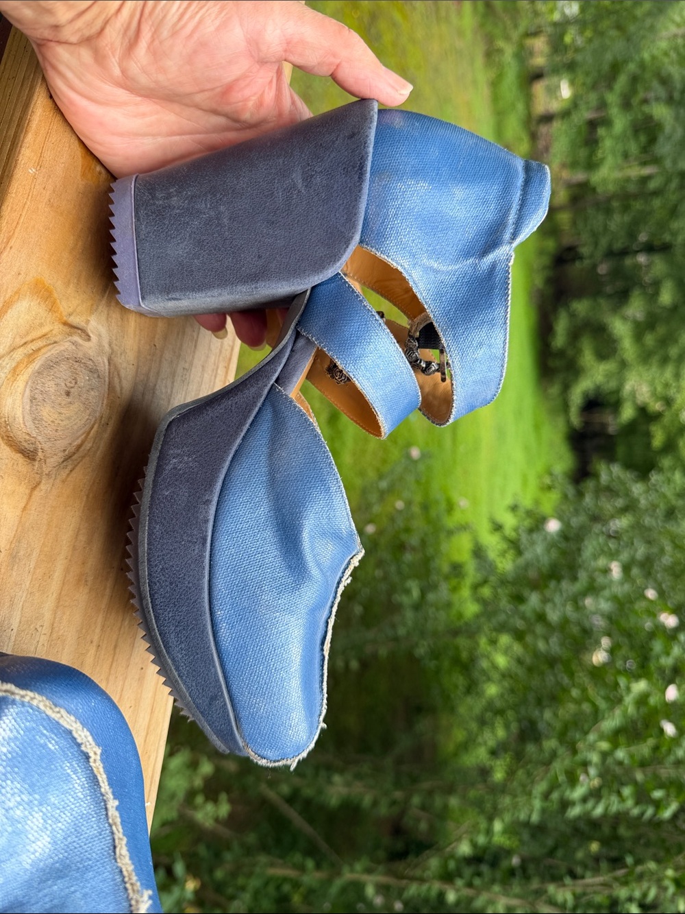 John Fluevog Light Blue Denim Platform Mary Jane Clogs - Picture 10 of 12